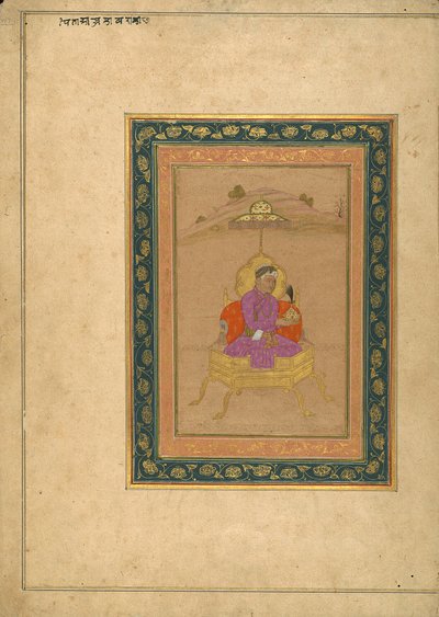 De 3e Mughal-keizer Akbar zittend op de koninklijke troon terwijl hij zijn kroon vasthoudt door School Mughal