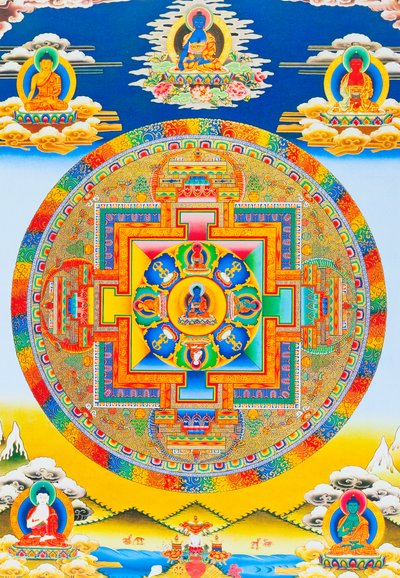 Akshobhya Mandala, die de onverstoorbare Boeddha als Bhumi Sparsa Mudra afbeeldt met de aarde als getuige van zijn verlichting door School Nepalese
