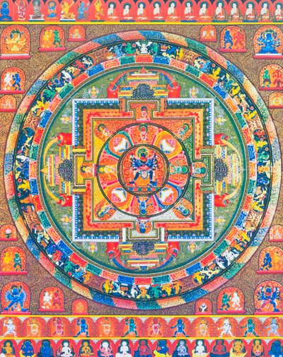 Chakrasambhara Mandala, afbeelding van de hoofdgod Sambhara die zijn gemalin Vajrabarahi omhelst, symboliseert de vereniging van wijsheid en praktijk om het hoogste geluk te bereiken door School Nepalese