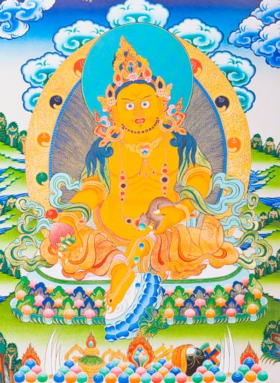Afbeelding van Dzambhala, de gele Dzambhala is de manifestatie van de Boeddha Ratnasambhava die rijkdom in de materialistische wereld symboliseert door School Nepalese