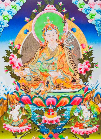 Afbeelding van Padmasambhava of guru Rimpoche, de vergoddelijkte apostel van het Tibetaanse tantrisme die naar verluidt demonen en geesten onder controle kreeg door School Nepalese