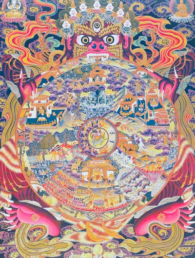 Afbeelding van het Wiel van het Leven, die de Kalachakra of misleid bestaan uitbeeldt, gehouden in de mond van Yama, de god van de dood die geboorte, dood en wedergeboorte vertegenwoordigt door School Nepalese
