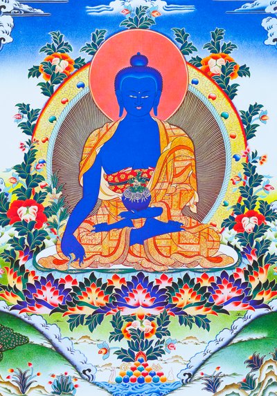 Afbeelding van de Medicijn Boeddha, de opperste genezer in monnikskleding met een kom met de medicinale plant arura in de linkerhand door School Nepalese