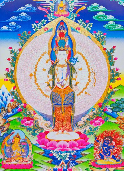 Afbeelding van de duizendarmige Avalokiteshvara, de elfhoofdige Avalokiteshvara met duizend armen en 1022 ogen die oneindig mededogen symboliseren door School Nepalese