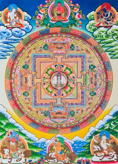 Mandala met duizend armen Avalokiteshvara; de heilige, magische cirkel die de elfkoppige Bodhisattva symboliseert die oneindig mededogen vertegenwoordigt door School Nepalese