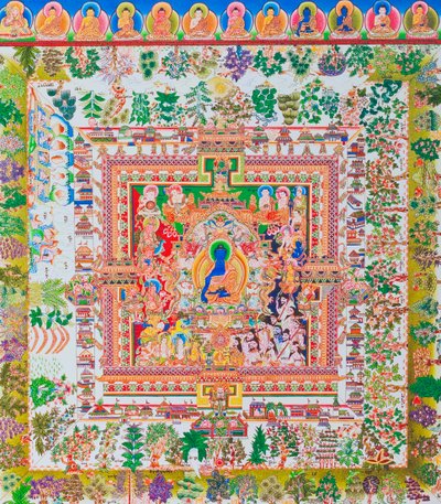Medicijn Boeddha Mandala, de centrale figuur van Bhaisajyaguru vertegenwoordigt de opperste genezer in monastieke gewaden met een kom met geneeskrachtige planten door School Nepalese
