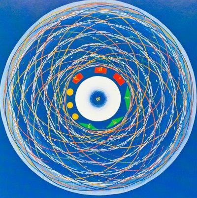 Om cosmo Mandala, die de heelheid, eenheid en vernieuwing uitbeeldt door School Nepalese
