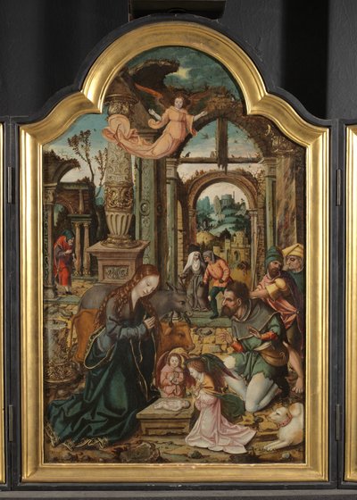 Aanbidding van de herders (middenpaneel van een drieluik) door School Netherlandish