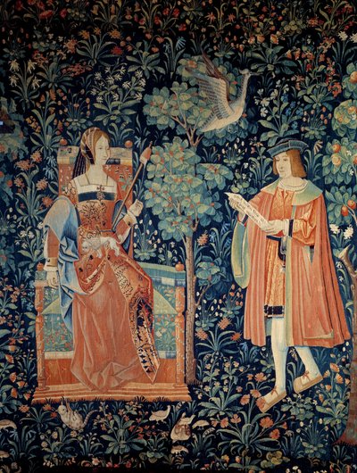 Gordijn van het seigneuriale leven: hoffelijke liefdesscène (detail) door School Netherlandish