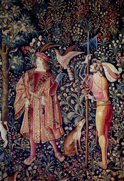 Het uitgaan van het seigneuriale leven: vertrek voor de jacht (detail) door School Netherlandish
