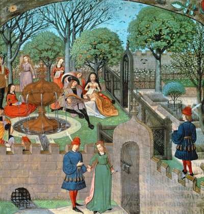 Tafereel in de tuin, de minnaar en dame Oyseuse (Luiheid) buiten de tuinmuren, uit 