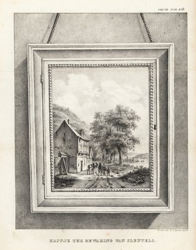 Kast voor het opbergen van sleutels verborgen in een schilderijlijst met landschap door School Netherlandish