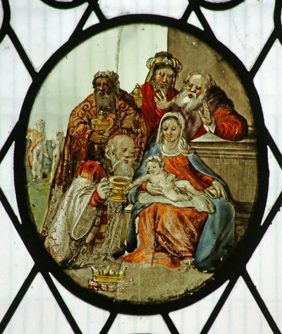 Rondel: De Aanbidding der Wijzen (glas-in-lood) door School Netherlandish