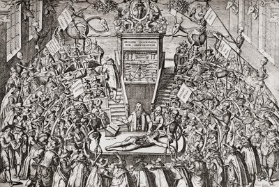 Studenten die een anatomieles bijwonen aan de Universiteit van Leiden, uit 