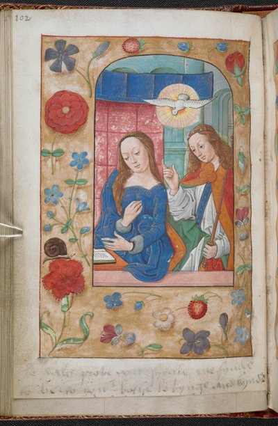De Annunciatie. Een rand van bloemen, fruit, vogels, insecten, enz. in perspectief op een bleke gouden achtergrond. Een inscriptie (in het handschrift van Anne Boleyn) staat onderaan de folio, 