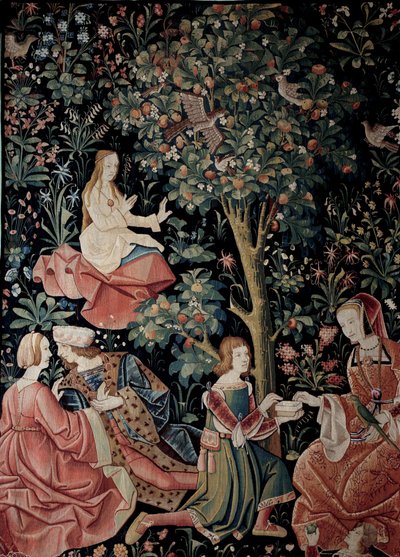 Het gordijn van het Seigneuriale Leven: Galante scènes, wol- en zijden tapijt gemaakt rond 1520 in Nederland door School Netherlandish