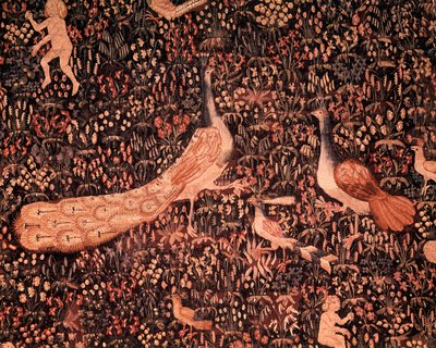 Het gordijn van het Seigneuriale Leven: detail met vogels, pauw door School Netherlandish