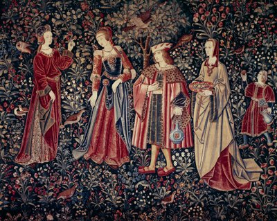 Het gordijn van het Seigneuriale Leven: de wandeling (wandtapijt van wol en zijde, ca. 1520) door School Netherlandish
