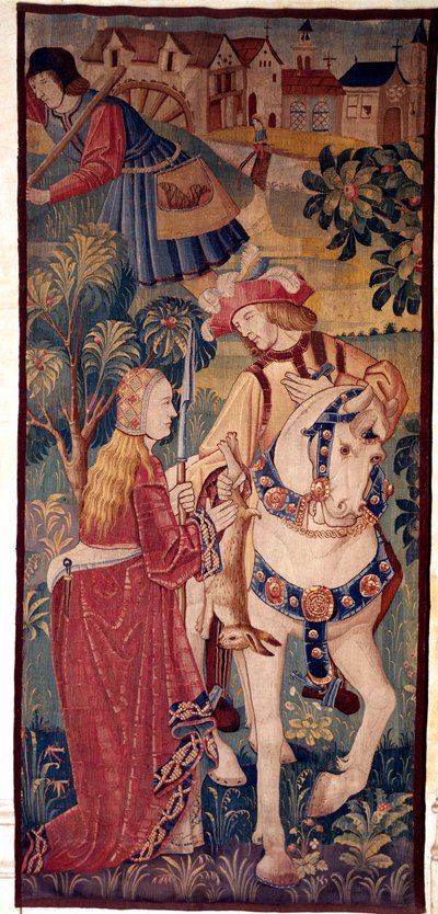 De terugkeer van de jacht. Een heer biedt wild aan een jonge dame. Wandtapijt uit Nederland door School Netherlandish