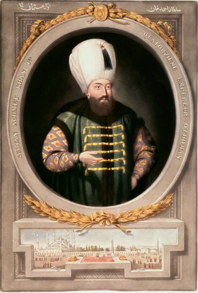 Ottomaanse Rijk: Portret van Sultan Ahmed I (1590-1617). Miniatuur Bibliotheek van Topkapi Sarayi Istanbul Museum door School Ottoman