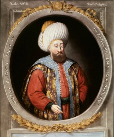 Ottomaanse Rijk: portret van de vierde Ottomaanse Sultan Bayazid I bekend als Yildirim (de Bliksem) (1389-1402). Topkapi Sarayi Istanbul Bibliotheek door School Ottoman