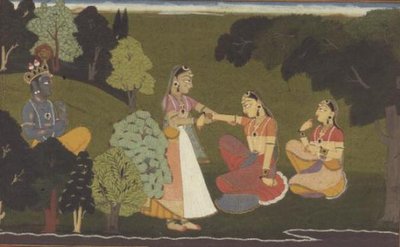 Een vertrouweling smeekt Radha om Krishna te ontmoeten, illustratie uit de 