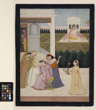 Een dame troosteloos, terwijl de anderen Holi spelen, c.1790 door School Pahari