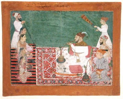 Rajah Deep Chand en vrienden roken een waterpijp, Bijapur, c.1760 door School Pahari