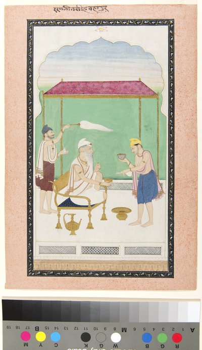 Ranjit Singh zittend op een gouden stoel, bediend door een morchal-drager door School Pahari