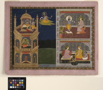 Vishnu nadert een gouden toren op Garuda, c.1825 door School Pahari