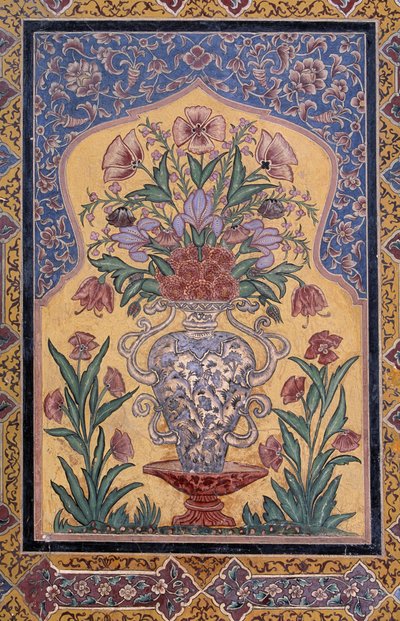 Vaas met bloemen, decoratief detail van de Wazir Khan-moskee (17e eeuw), Lahore, Punjab, Pakistan door School Pakistani