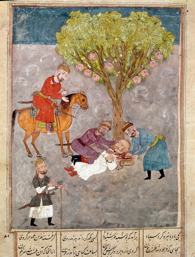 Islamitische kunst: vijanden worden onthoofd. Perzische miniatuur uit een manuscript van het epische gedicht 