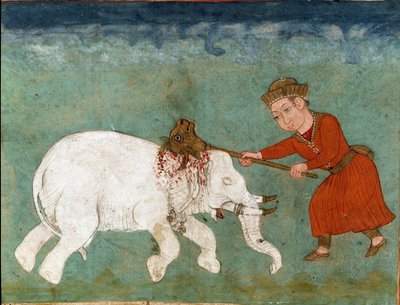 Islamitische kunst: Rostam doodt de witte olifant. Perzische miniatuur uit een manuscript van het epische gedicht 
