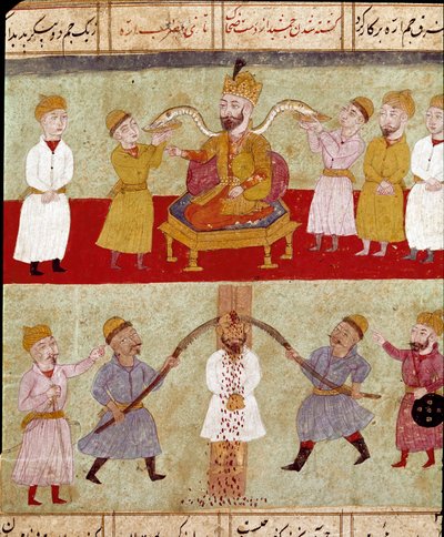Islamitische kunst: een koning met zijn slangen gevoed door hovelingen door School Persian