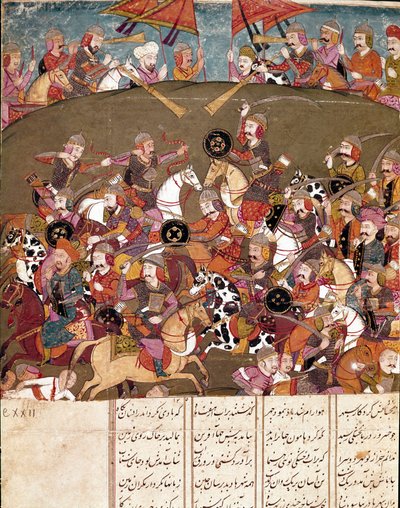 Islamitische kunst: gevechtsscène. Perzische miniatuur uit een manuscript van het epische gedicht 