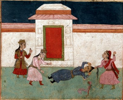 Islamitische kunst: twee concubines vechten in een harem, de favoriet grijpt het haar van haar rivaal door School Persian
