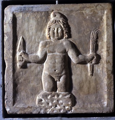 Voorstelling van Mitra (of Mithra), een Iraanse godheid, geboren uit een rots. Laag reliëf. Hij wordt afgebeeld terwijl hij een maaltijd deelt met Sol. Paleis van de Conservatoren, Rome door School Persian