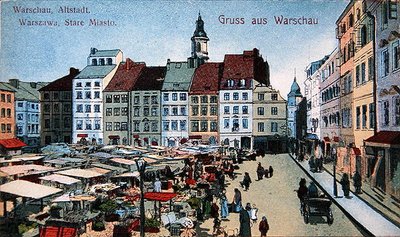 Ansichtkaart met afbeelding van Oude Stadsmarkt in Warschau, ca. 1910 (kleur litho) door School Polish