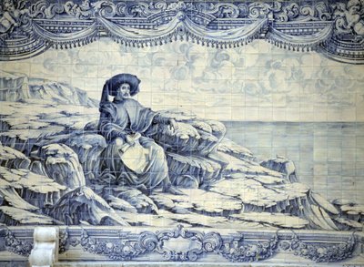 Hendrik de Zeevaarder, zittend, kijkend naar de zee - Azulejo uit de omgeving van Lissabon (Sintra). door School Portuguese