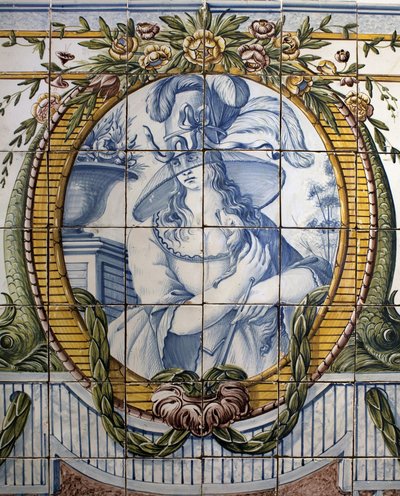 Ornamentaal paneel met een portret van een vrouw, Koninklijke fabriek van Louca, een Rato, faience poychrome door School Portuguese