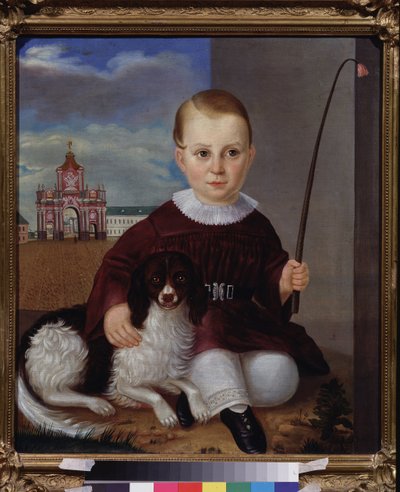 Jongen met een hond voor de rode deur (Moskou) door School Russian