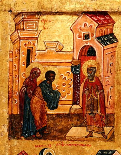 Icoon met Joachim en Anna die de Tempel in Jeruzalem bezoeken (detail) door School Russian