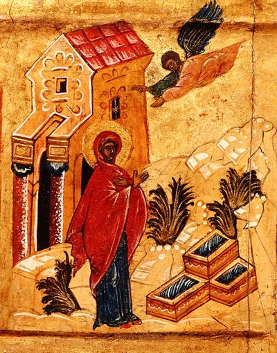 Icoon met de annunciatie aan St. Anna (detail) door School Russian