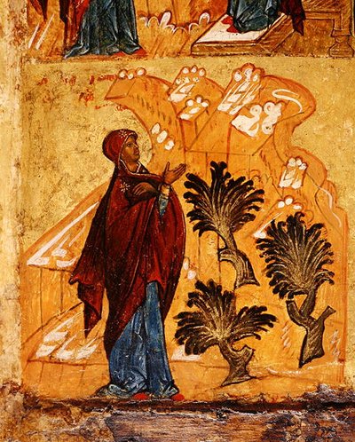 Icoon met de Maagd biddend in de wildernis (detail) door School Russian