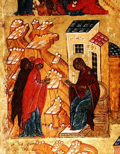 Icoon die de Maagd toont die de meest geëerde kleuren van stof selecteert, ca. 1550 (detail) door School Russian