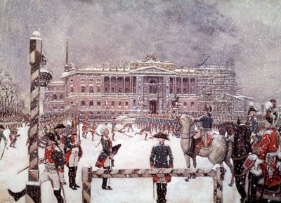 Militaire parade voor het Mikhailovsk Paleis in aanwezigheid van Paul I door School Russian