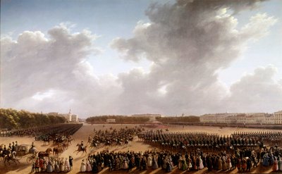 Parade op het Champ de Mars, op de voorgrond Alexander Poesjkin en Nicolaas I te paard door School Russian