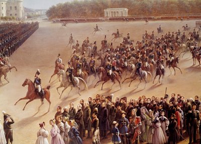 Parade op het Champ de Mars, op de voorgrond Alexandre Pushkin (1799-1837) en Nicolaas I (1796-1855) te paard op weg naar de keizerin in een koets in Parijs (detail). Schilderij van de Russische School. 1825-1830. Sint-Petersburg door School Russian