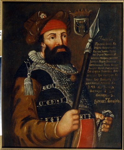 Portret van de Kozakkenleider en veroveraar van Siberië, Yermak Timofeyevitch door School Russian