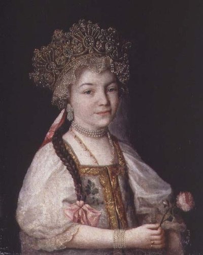 Portret van Alexandra Pavlovna in Russische Nationale Kleding, ca. 1790 door School Russian